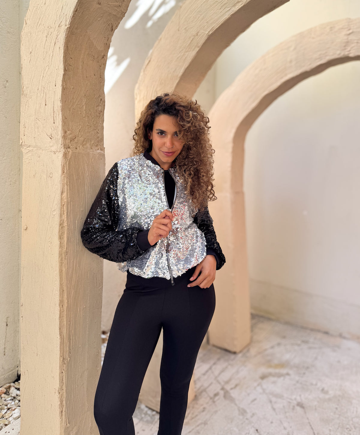 Sequin Bomber Jacket - Silver & Black