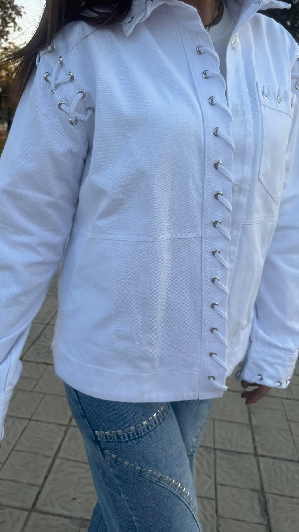 Lace-Up Denim Jacket - White