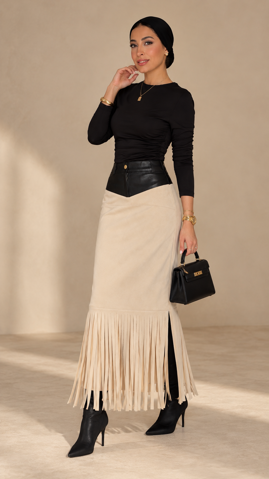 Two-Tone Suede Fringe Skirt