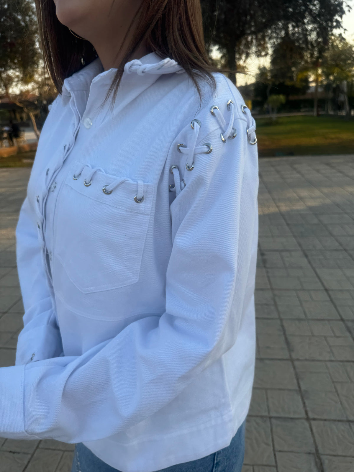 Lace-Up Denim Jacket - White